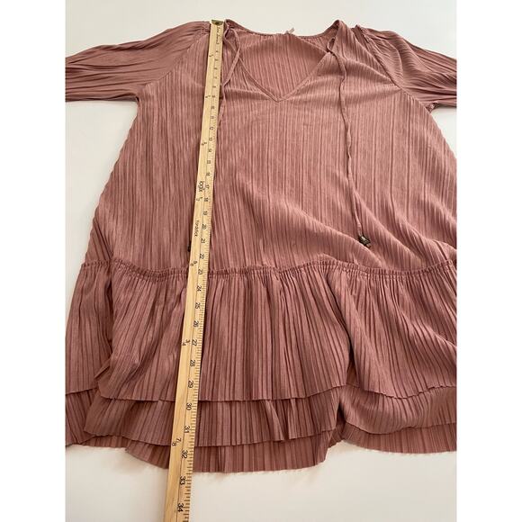 Free People Size S Can't Help It Mini Dress Pink V-Neck Tiered Skirt Bell Sleeve - Picture 8 of 8